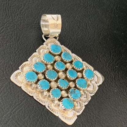 Navajo Blue Turquoise Cluster Pendant | Authentic Native American Sterling Silver | Multi-Stone | 2.5" | 02097