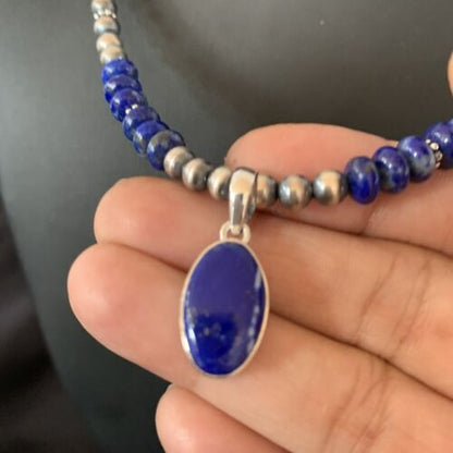 Native American Navajo Blue Lapis Pendant Necklace | Sterling Silver | Authentic Handmade | 11667 - Masha USA