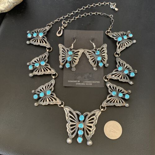 Navajo Butterfly Blue Kingman Turquoise Necklace Pendant Earrings Set | Authentic Native American Handmade | 13227