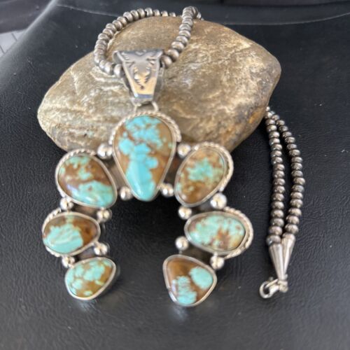 Navajo Blue #8 Turquoise Squash Blossom Necklace Pendant | Authentic Native American Sterling Silver | Naja | 14241