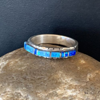 Navajo Blue Opal Inlay Ring | Sterling Silver | Sz 10.5 | Authentic Native American Handmade | Yazzie | 12963