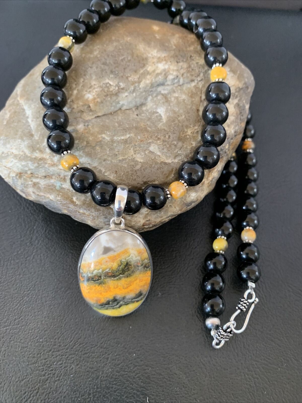 Men's Navajo Pearls Onyx Bumblebee Jasper Necklace Pendant | Sterling Silver | Native American Handmade | 10325