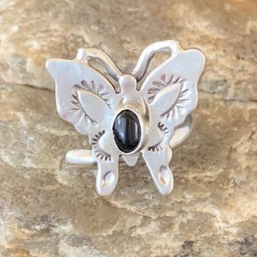 Southwestern Navajo Black Onyx Butterfly Ring | Sterling Silver | Adj Sz 8 | 10384