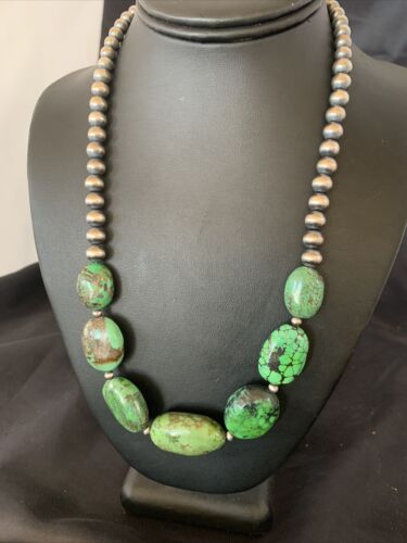 Chunky Navajo Graduated Natural Green Turquoise Necklace | Sterling Silver | Authentic Native American | 18" | 11769