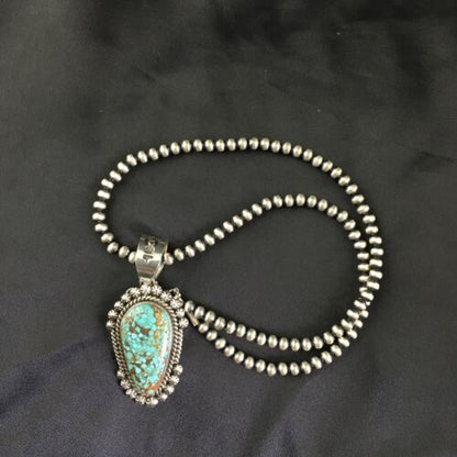 Navajo Pearls Sterling Silver Necklace with Blue #8 Turquoise Pendant | 2.7" | Authentic Native American Handmade | 10151