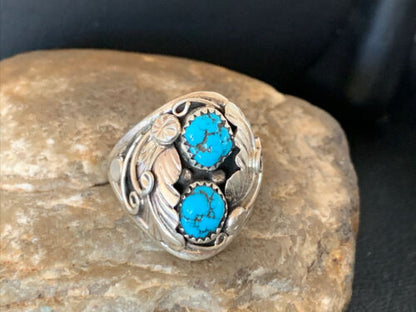 Navajo Blue Kingman Turquoise Feather Ring | Authentic Native American Sterling Silver | Multi-Stone | Sz 11.5 | 12220
