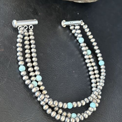 Navajo Pearls Blue Turquoise Bracelet | Sterling Silver | 3-Strand | Authentic Native American Handmade | 13588