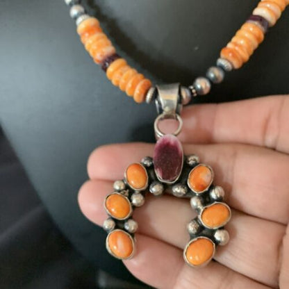 Navajo Sterling Silver Necklace | Orange Spiny Oyster Cluster Naja Pendant | 13165