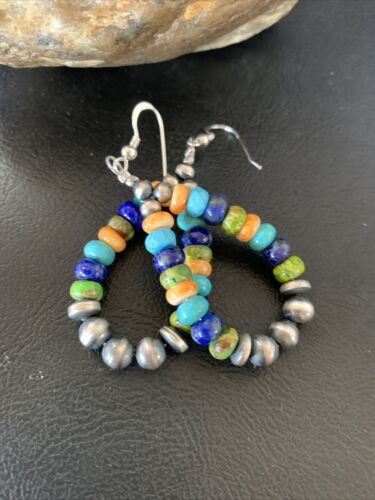 Navajo Multi-Color Lapis Spiny Turquoise Dangle Earrings | Sterling Silver | Authentic Native American Handmade | 12977