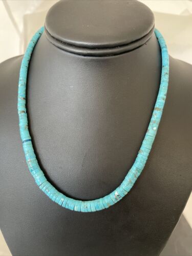 Navajo Blue Turquoise Heishi Necklace with Sterling Silver & Graduated Pearl Stab | Authentic Native American | 17" | 1184