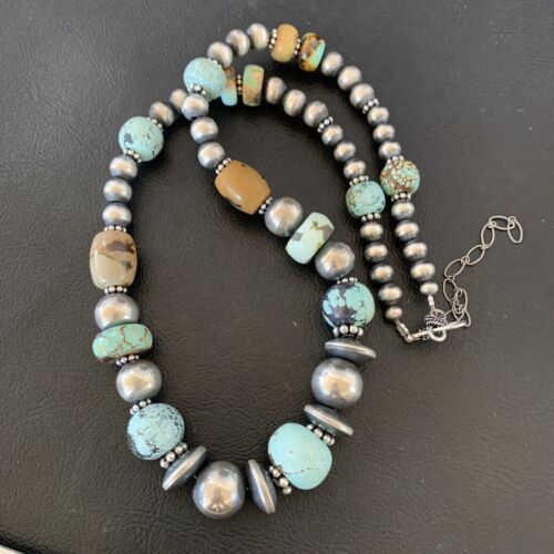 Navajo Pearl Dry Creek Turquoise Beads Necklace | Sterling Silver | 21" | Authentic Native American Handmade | 10980