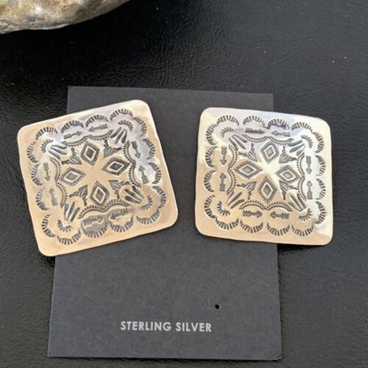 Southwestern Women's Navajo Earrings | Sterling Silver Stamped | Authentic Native American Handmade | 1676
