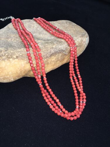 Southwestern Navajo Faceted Red Coral Bead Necklace | Sterling Silver | Authentic Native American Handmade | 01819