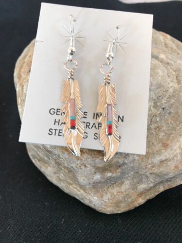Navajo Coral Inlay Feather Earrings | Sterling Silver | Authentic Native American Handmade | 2007