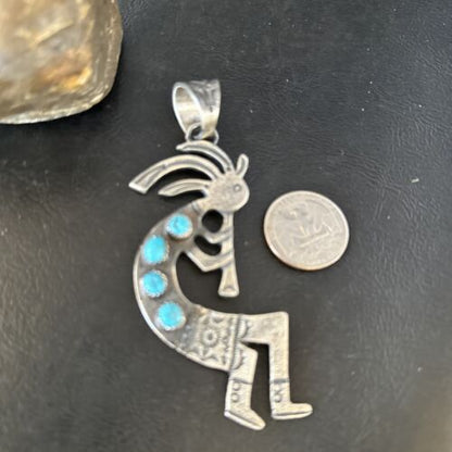 Navajo Kingman Turquoise Tufa Cast Kokopelli Pendant | Authentic Native American Sterling Silver | Multi-Stone | 14230