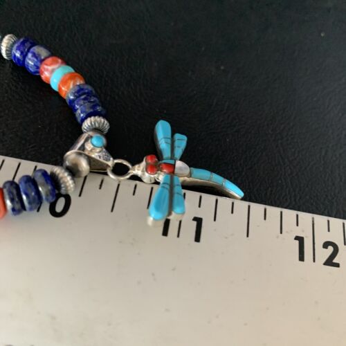 Navajo Dragonfly Pendant | Sterling Silver Turquoise Coral Multi-Color Inlay | Authentic Native American Handmade | 13515