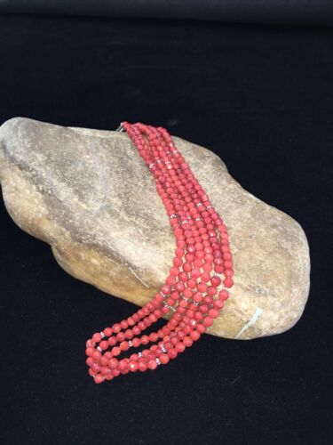 Southwestern Navajo Faceted Red Coral Bead Necklace | Sterling Silver | Authentic Native American Handmade | 01819