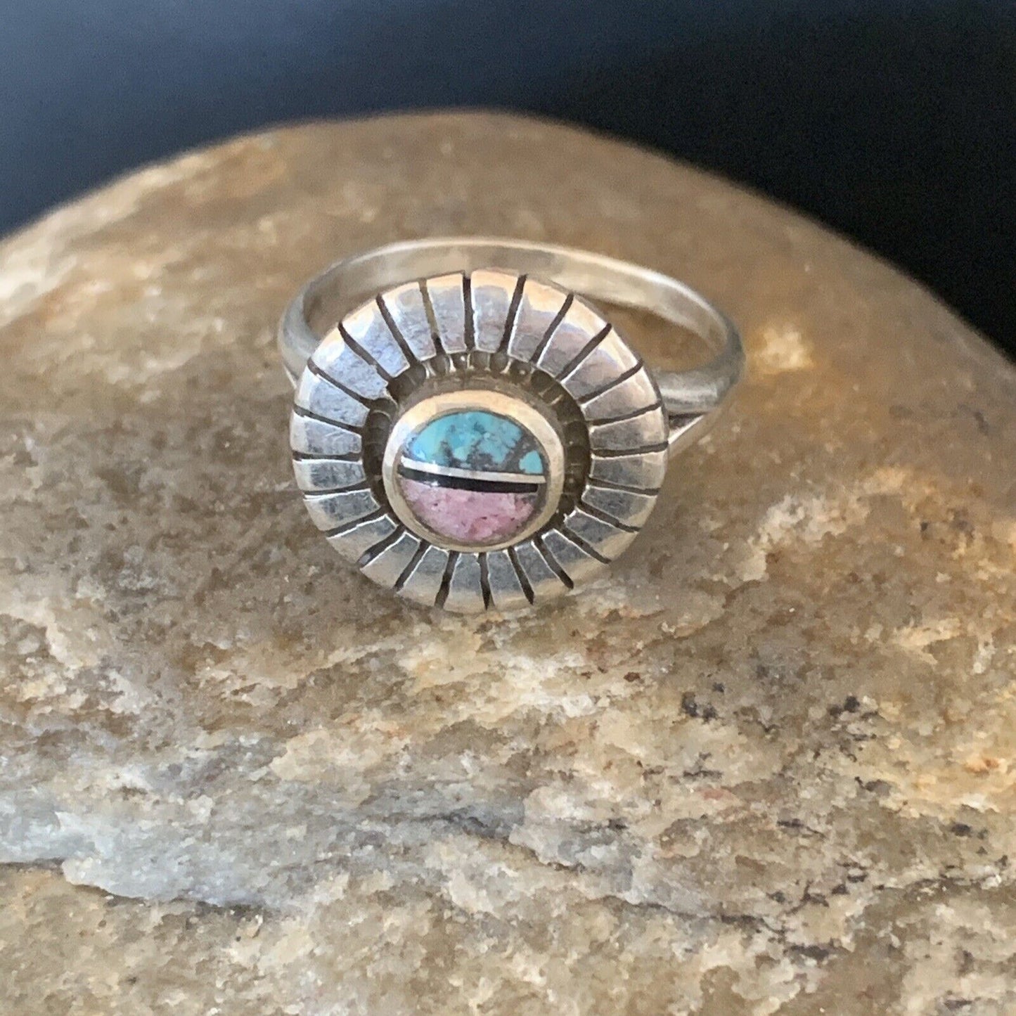 Navajo Blue Turquoise Pink Coral Inlay Ring | Sz 6 | Sterling Silver | Authentic Native American Handmade | 11170