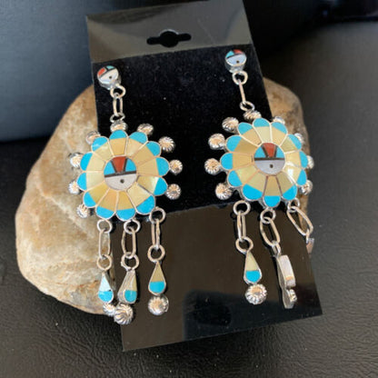 Zuni Sun Face Kingman Turquoise & Yellow Mother of Pearl Dangle Earrings | Sterling Silver | 12126