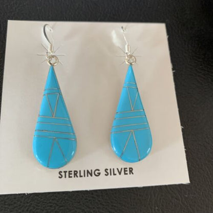 Navajo Blue Turquoise Inlay Dangle Drop Earrings | Sterling Silver | 1.5" | 13311