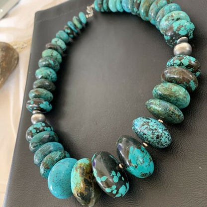 Navajo Sterling Silver & Blue Turquoise Graduated Necklace | Authentic Native American | 24" | 01842