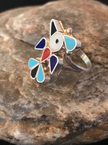Zuni Peyote Bird Ring | Turquoise Onyx Coral Mother of Pearl Inlay | Sz 6.6 | Sterling Silver | 10792