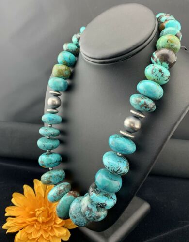 Navajo Pearls Sterling Silver & Blue Turquoise Graduated Necklace | Authentic Native American | 24" | 01745