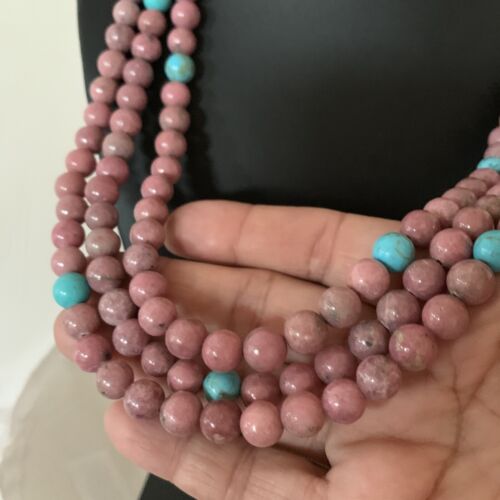 Navajo Turquoise Rhodochrosite Necklace | Sterling Silver | 3 Strand | Authentic Native American Handmade | 01993