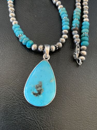 Navajo Pearl Necklace with Blue Kingman Turquoise Pendant | Sterling Silver | 11739