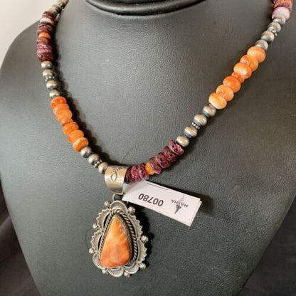 Navajo Sterling Silver Necklace | Orange Purple Spiny Oyster Pendant | 00780