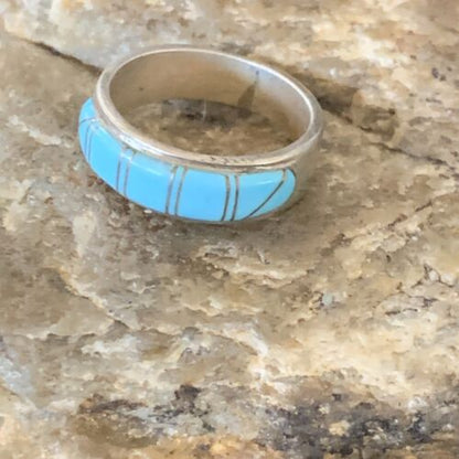 Native American Navajo Blue Turquoise Inlay Band Ring | Sz 6 | Sterling Silver | 12393