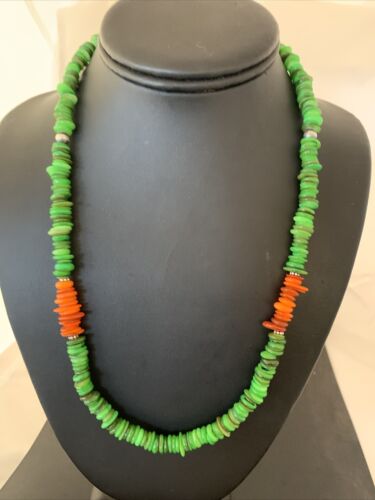 Navajo Pearls Necklace | Orange Green Mother of Pearls | Sterling Silver | Authentic Native American Handmade | 20" | 1053