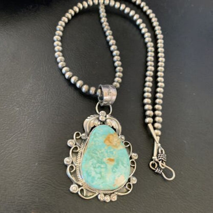 Women's Navajo Pearls Necklace with Green Royston Turquoise Pendant | Sterling Silver | 12291