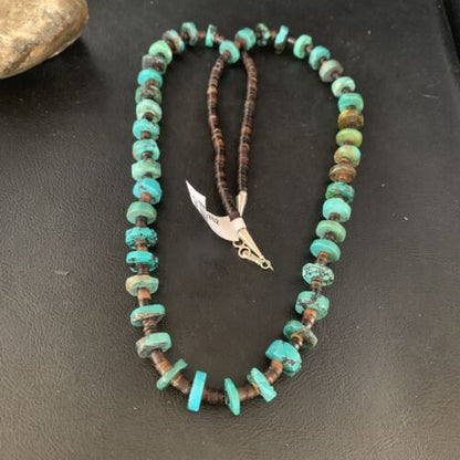 Native American Navajo Turquoise Shell Heishi Bead Necklace | Sterling Silver | 30" | 00762