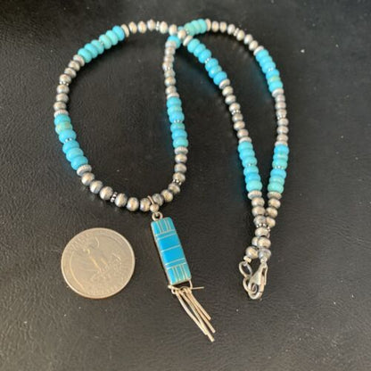Navajo Blue Turquoise Inlay Pendant Necklace | Sterling Silver | Native American Handmade | 13836