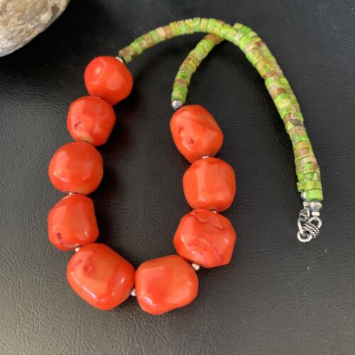 Navajo Green Gaspeite | Coral Pendant Necklace | Sterling Silver | Authentic Native American Handmade | 20" | 13955