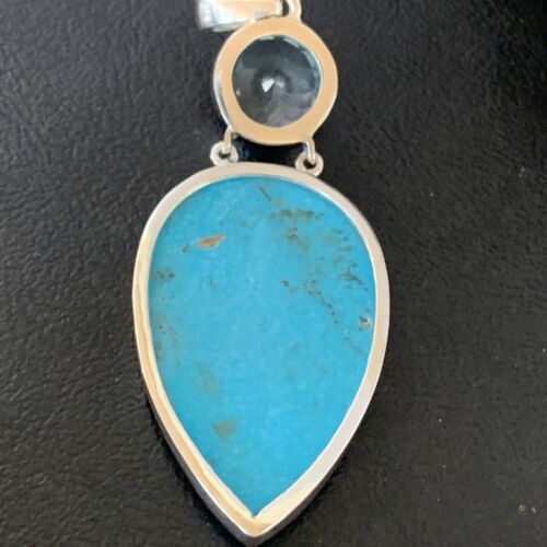 Southwestern Navajo Blue Topaz Turquoise Pendant | Sterling Silver | 3" | 10711