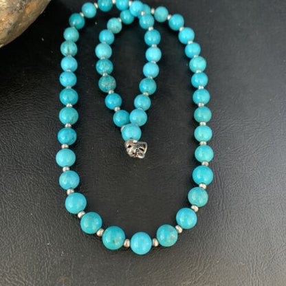 Navajo Blue Turquoise Round Bead Necklace | Sterling Silver | 21" | Authentic Native American Handmade | 13803