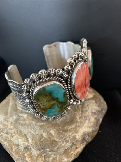 Navajo Royston Turquoise & Spiny Oyster Cuff Bracelet | Sterling Silver | Authentic Native American Handmade | 1105