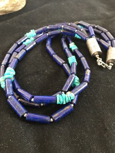 Turquoise Denim Lapis Multi Strand Navajo Necklace | Sterling Silver 23" | Southwestern | 3318 - Masha USA