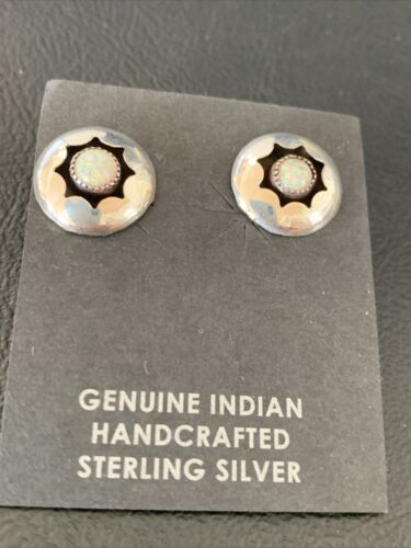Navajo White Opal Post Shadow Box Earrings | Sterling Silver | 0.25" | Authentic Native American Handmade | 13036