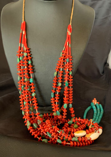 Southwestern Santo Domingo Red Coral Green Turquoise 5-Strand Jacla Necklace | 38" | Native American Handmade | 12052