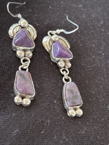Navajo Purple Charoite Dangle Earrings | Sterling Silver | Authentic Native American Handmade | 1224