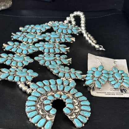 Navajo Blue Turquoise Squash Blossom Necklace & Earrings | Sterling Silver | Authentic Native American Handmade | 14483