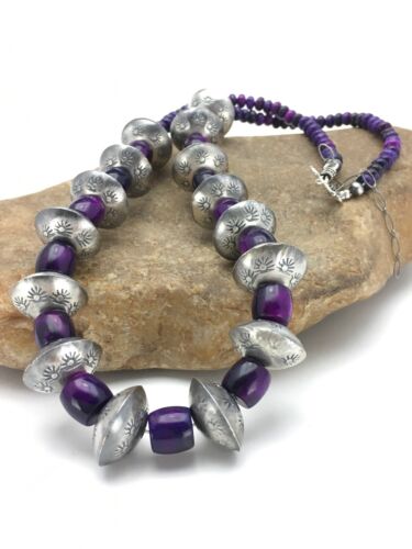 Navajo Sugilite Necklace | Sterling Silver Stamped Beads | 22" | Authentic Native American Handmade | 2702