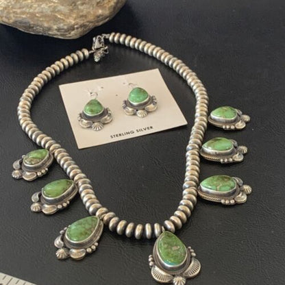 Navajo Sterling Silver Choker Necklace with Sonoran Gold Turquoise Earrings | Authentic Native American Handmade | 11536