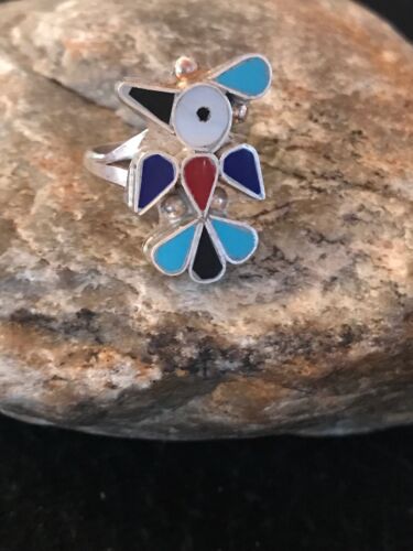 Zuni Peyote Bird Ring | Turquoise Onyx Coral Mother of Pearl Inlay | Sz 6.6 | Sterling Silver | 10792
