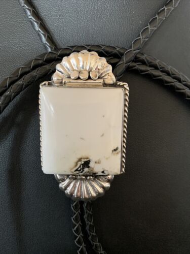 Navajo White Buffalo Turquoise Bolo Tie | Sterling Silver | Authentic Native American Handmade | 12905
