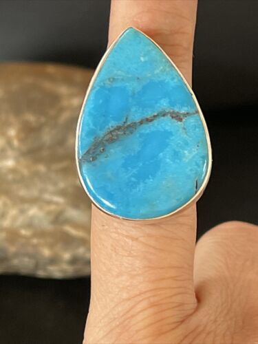 Navajo Blue Kingman Turquoise Ring | Sterling Silver | Sz 8 | Teardrop | Authentic Native American Handmade | 10509