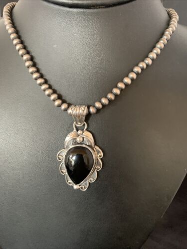 Navajo Pearls Black Onyx Necklace Pendant | Sterling Silver | Authentic Native American Handmade | 13095